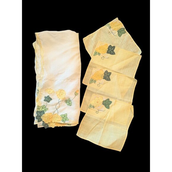 Vintage Yellow Floral Embroidered Linen Napkins & Tablecloth Set cottage summer - Picture 2 of 6